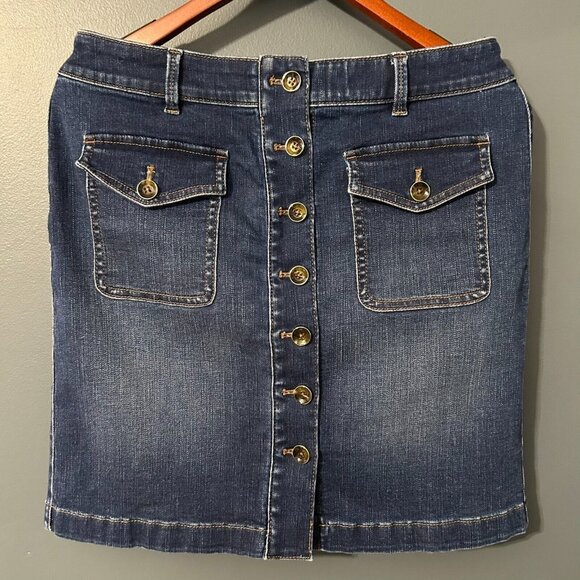 White House Black Market Denim Jean Mini Skirt Button Size 4 Retro Unique - Picture 1 of 5